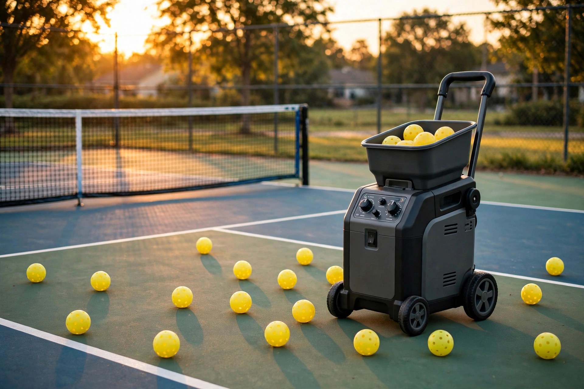 Portable pickleball ball machine on an outdoor court at golden hour