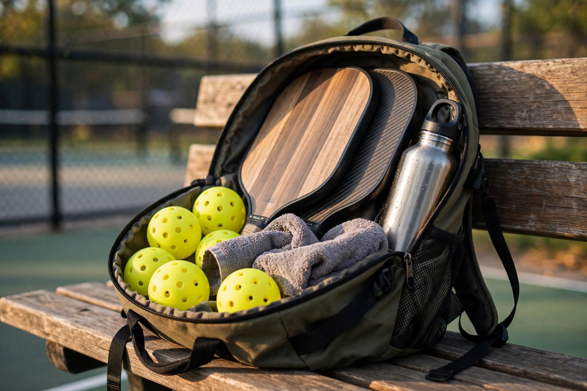 Open pickleball backpack packed with paddles, balls, towel, and water bottle