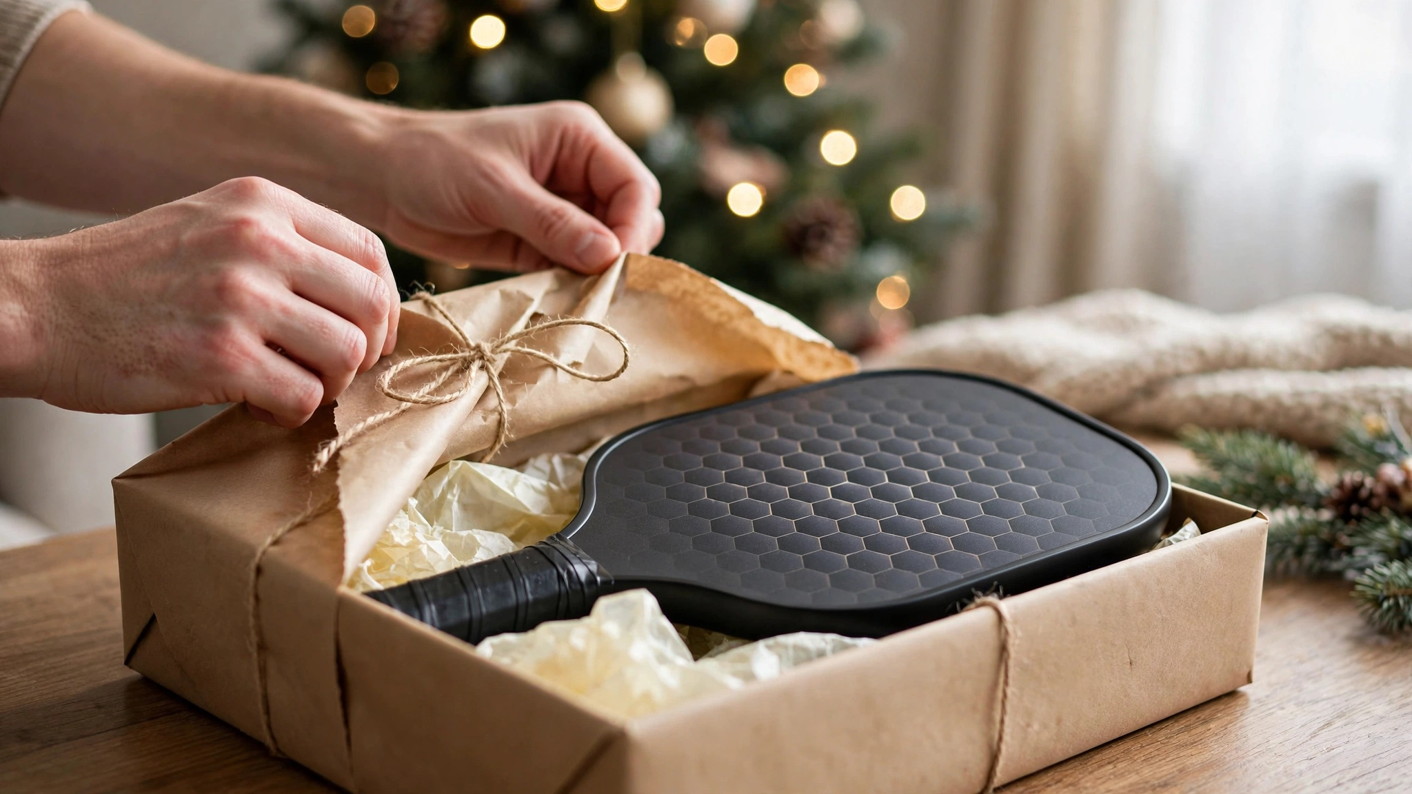 Hands unwrapping a gift box revealing a pickleball paddle by a Christmas tree