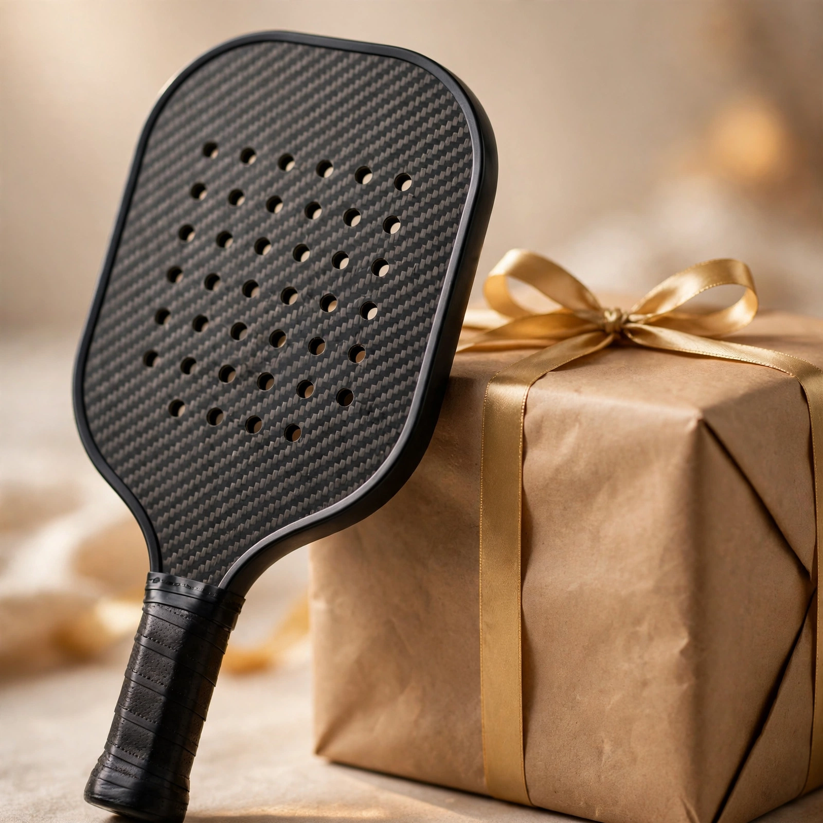 Carbon fiber pickleball paddle leaning against a gift box with gold ribbon