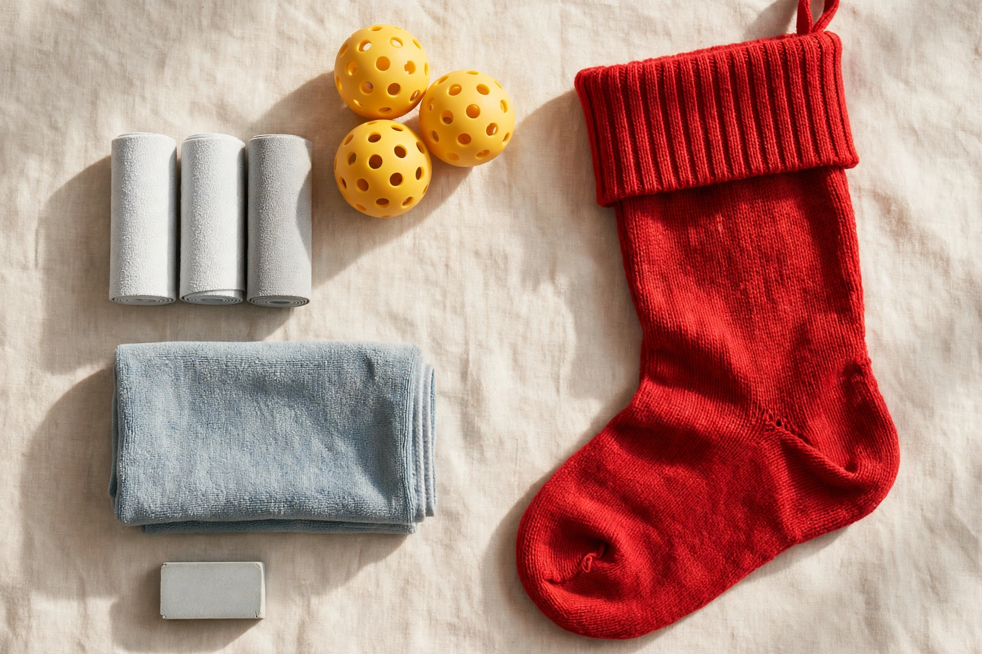Pickleball stocking stuffers: balls, overgrips, cooling towel, and paddle eraser beside a Christmas stocking