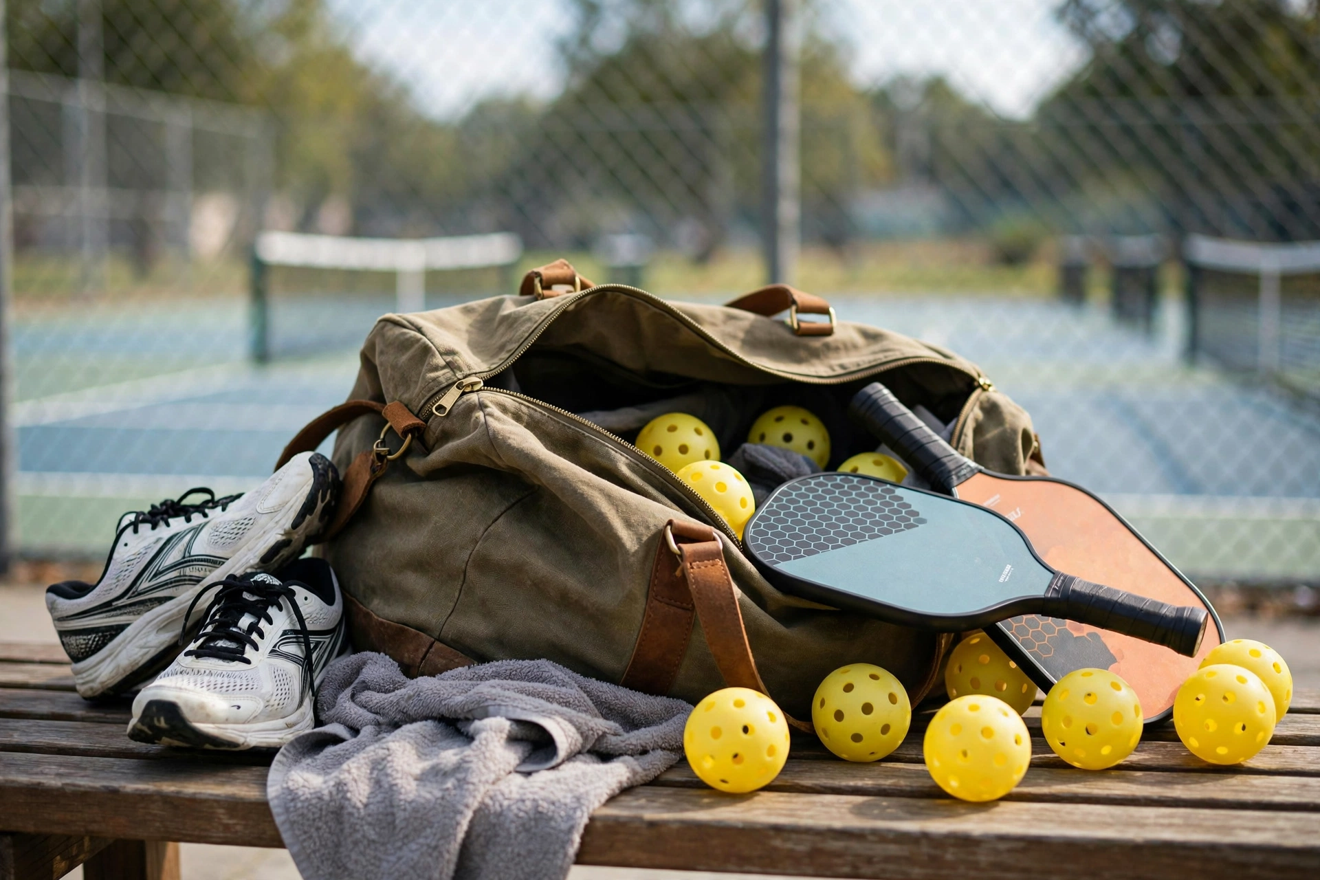 Open pickleball duffel bag on a courtside bench with paddles, shoes, and balls
