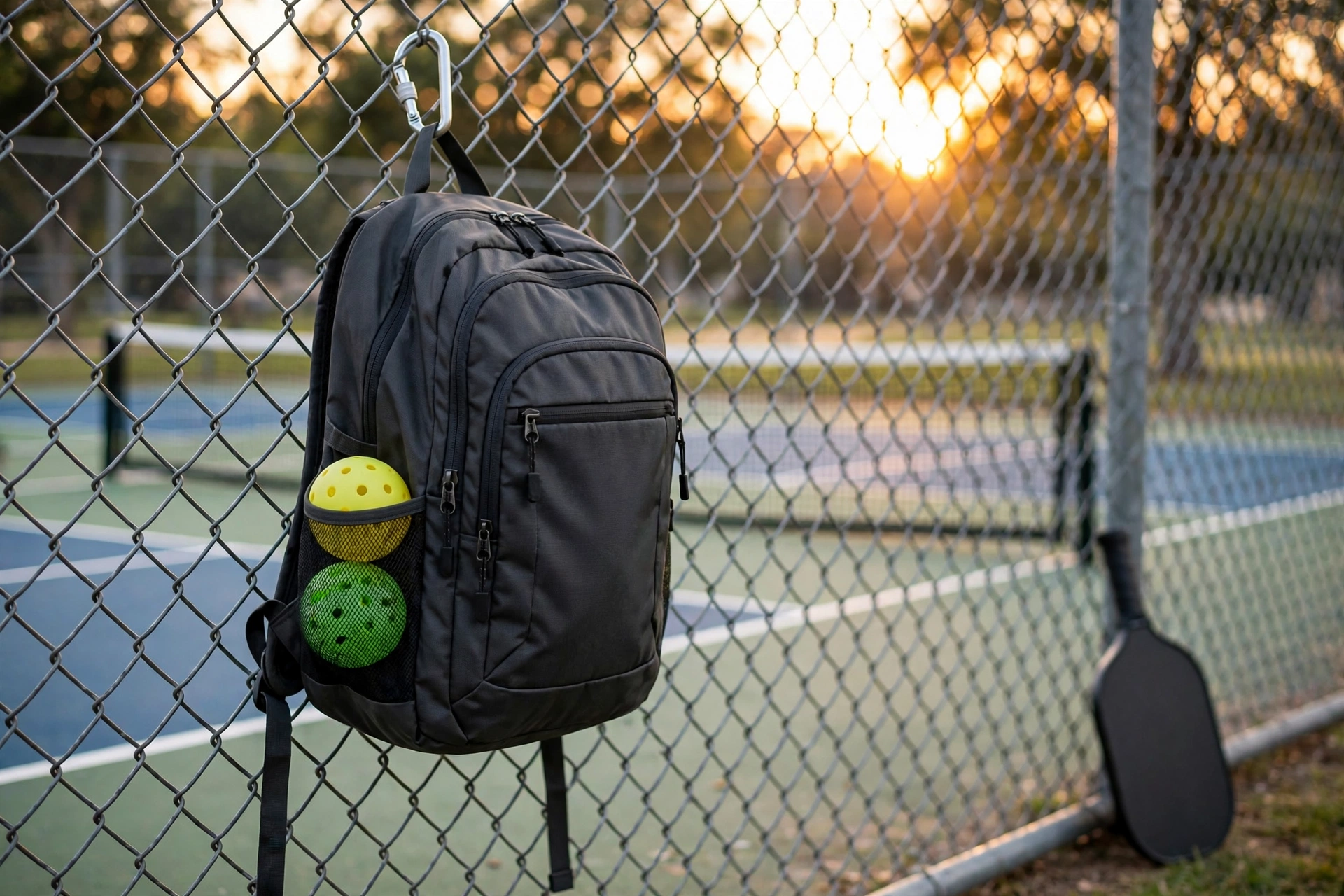 Pickleball backpack hanging from a fence hook at golden hour