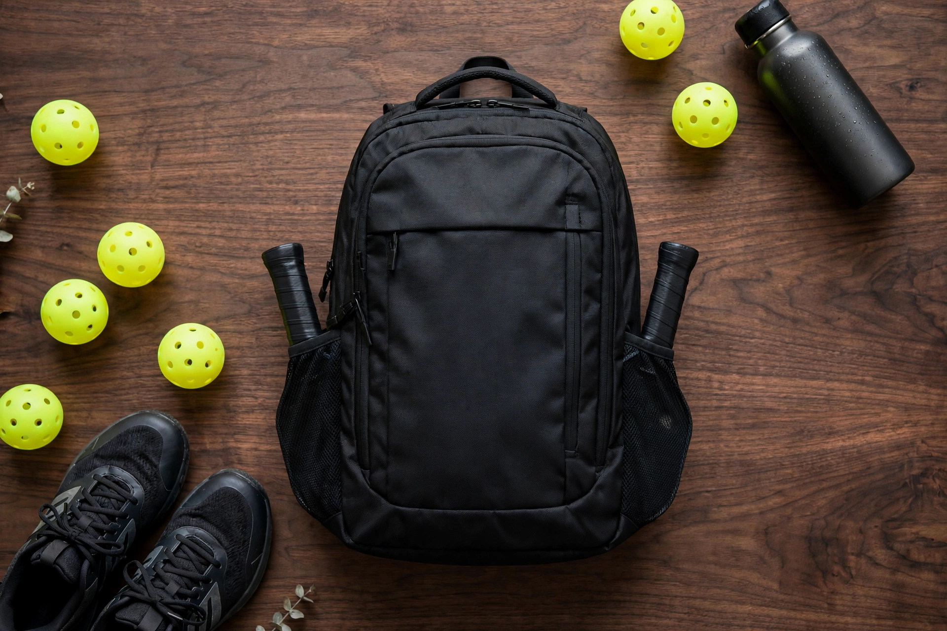 Black tour-style pickleball backpack with paddles, balls, shoes, and water bottle arranged in a flat-lay