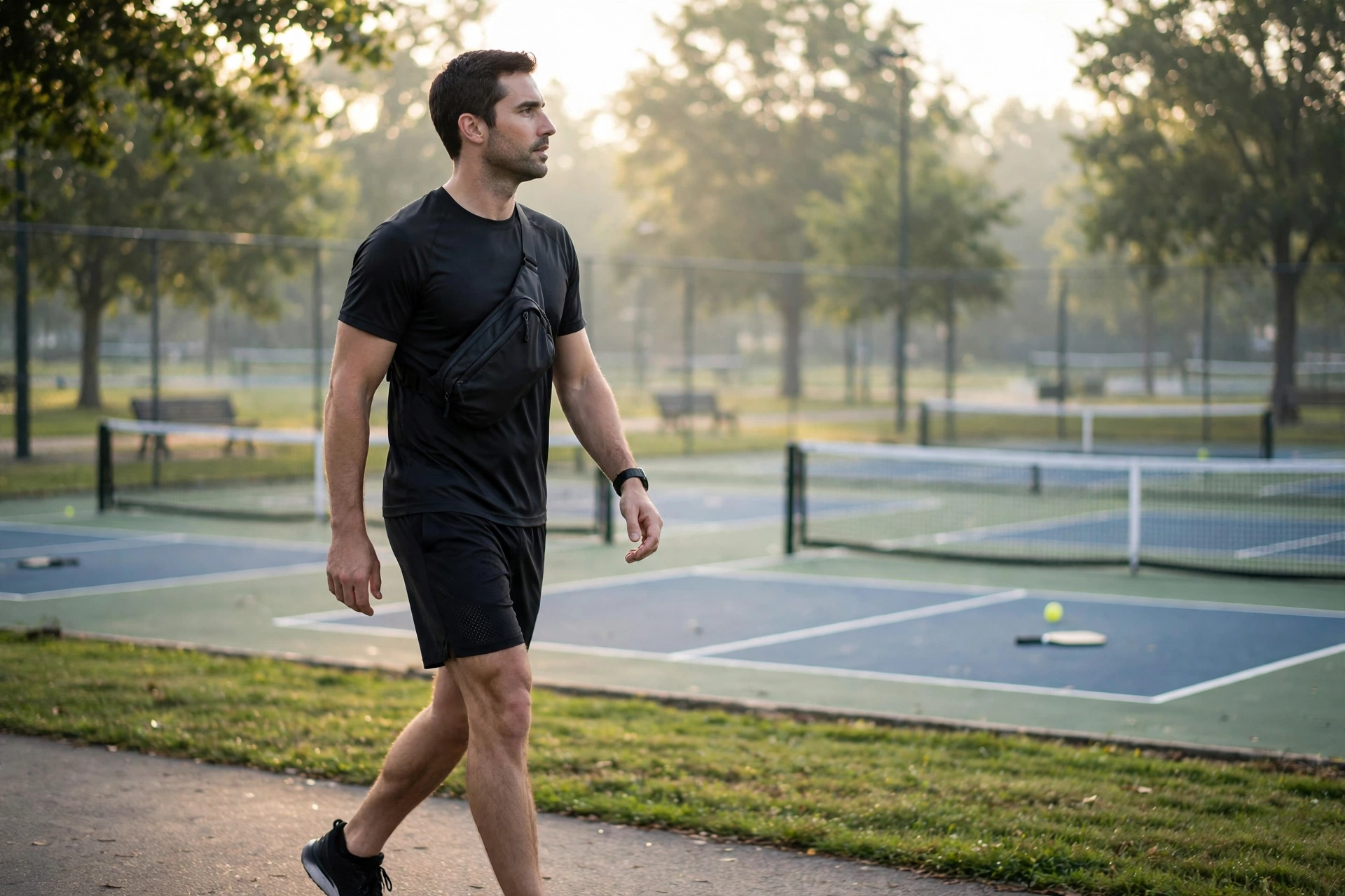 Man wearing a black pickleball sling bag walking toward outdoor courts