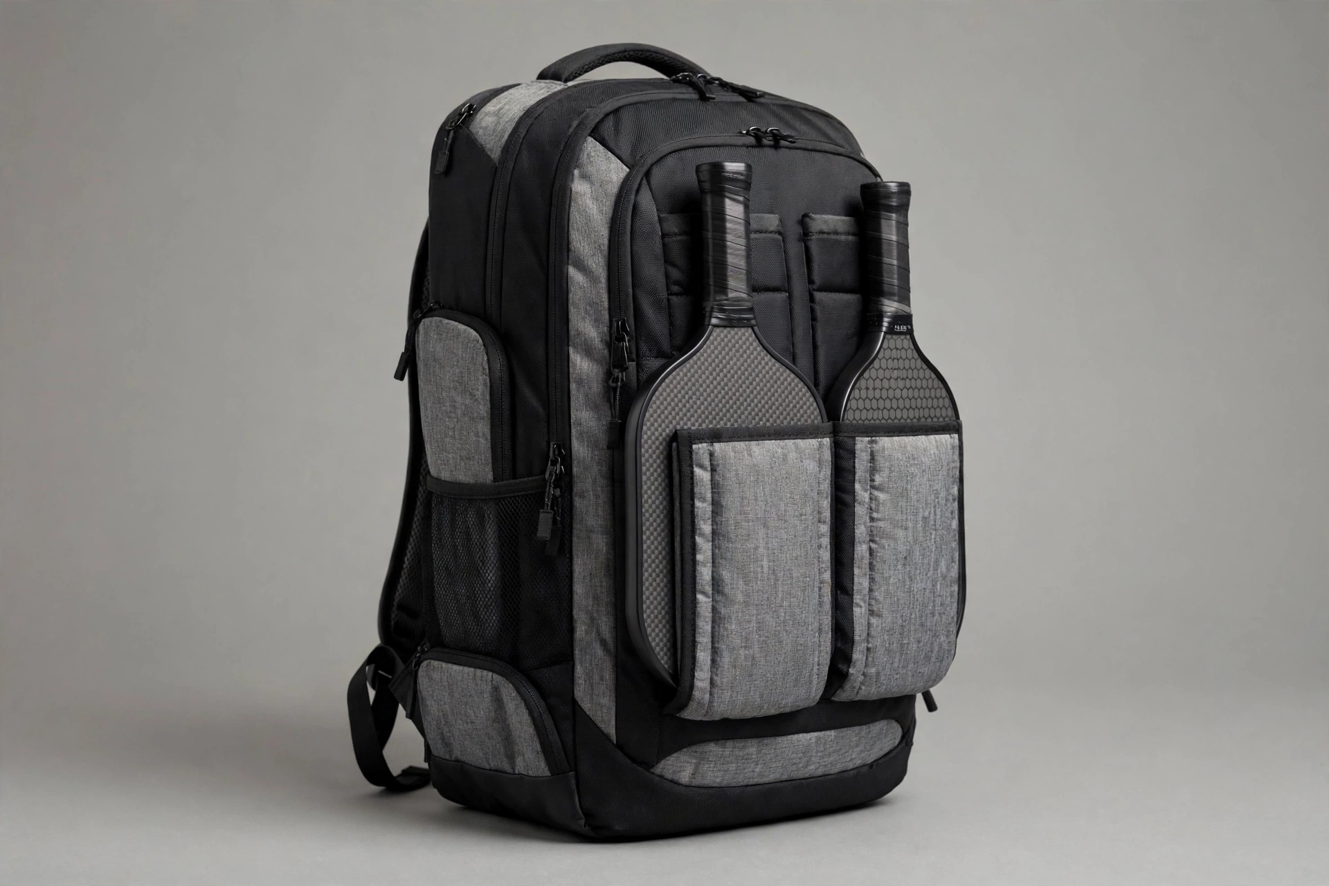 Large black and gray pickleball tour backpack with paddles in padded sleeves
